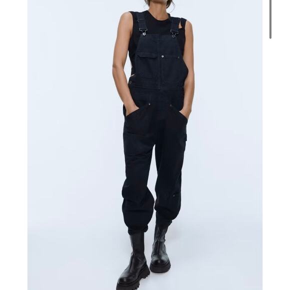 Zara Sz XS Carpenter Bib Overalls Cropped Relaxed Washed Black Utility Grunge - Picture 1 of 16